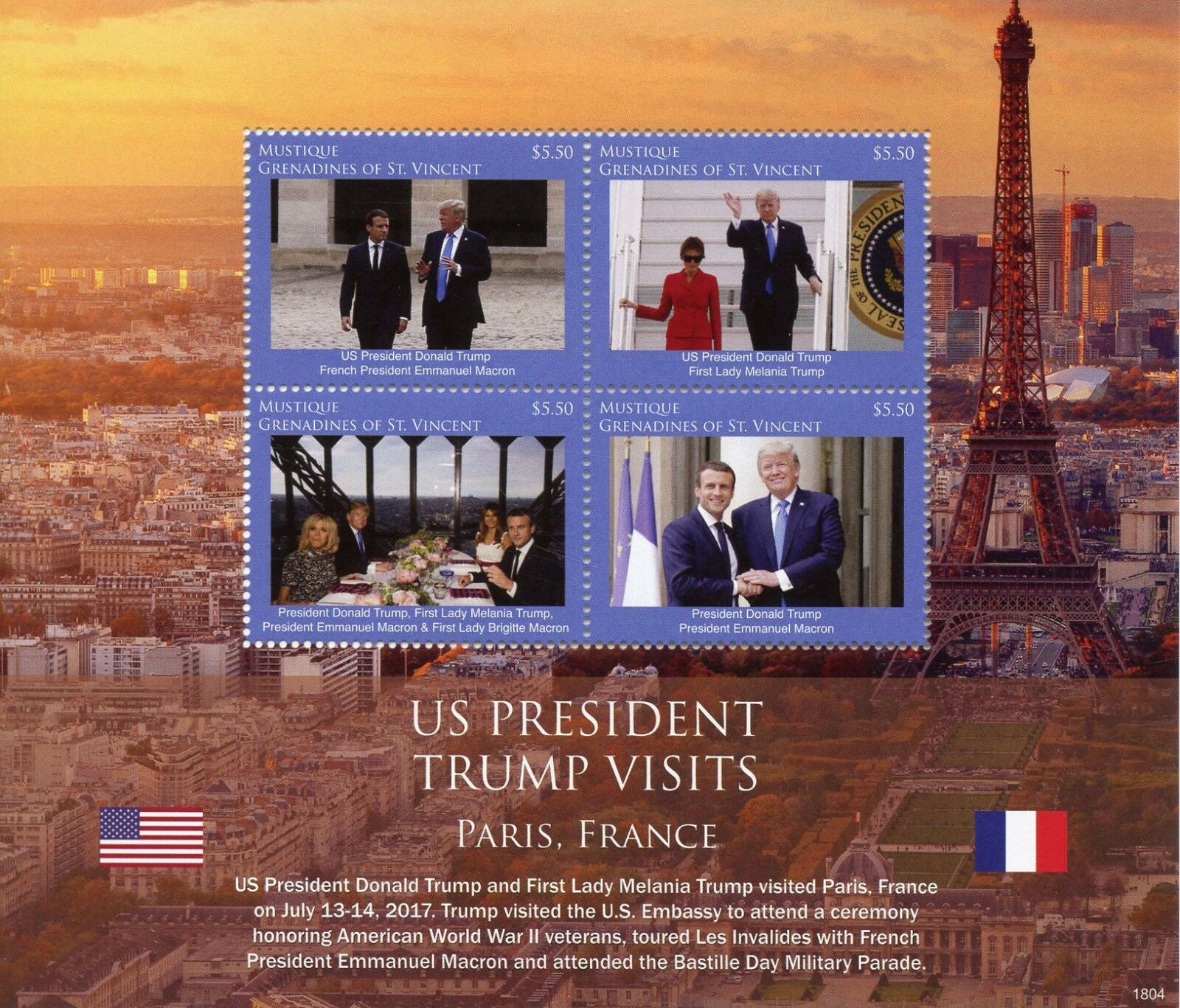 Mustique Gren St Vincent 2018 MNH Donald Trump Stamps US Presidents Visits France 4v M/S