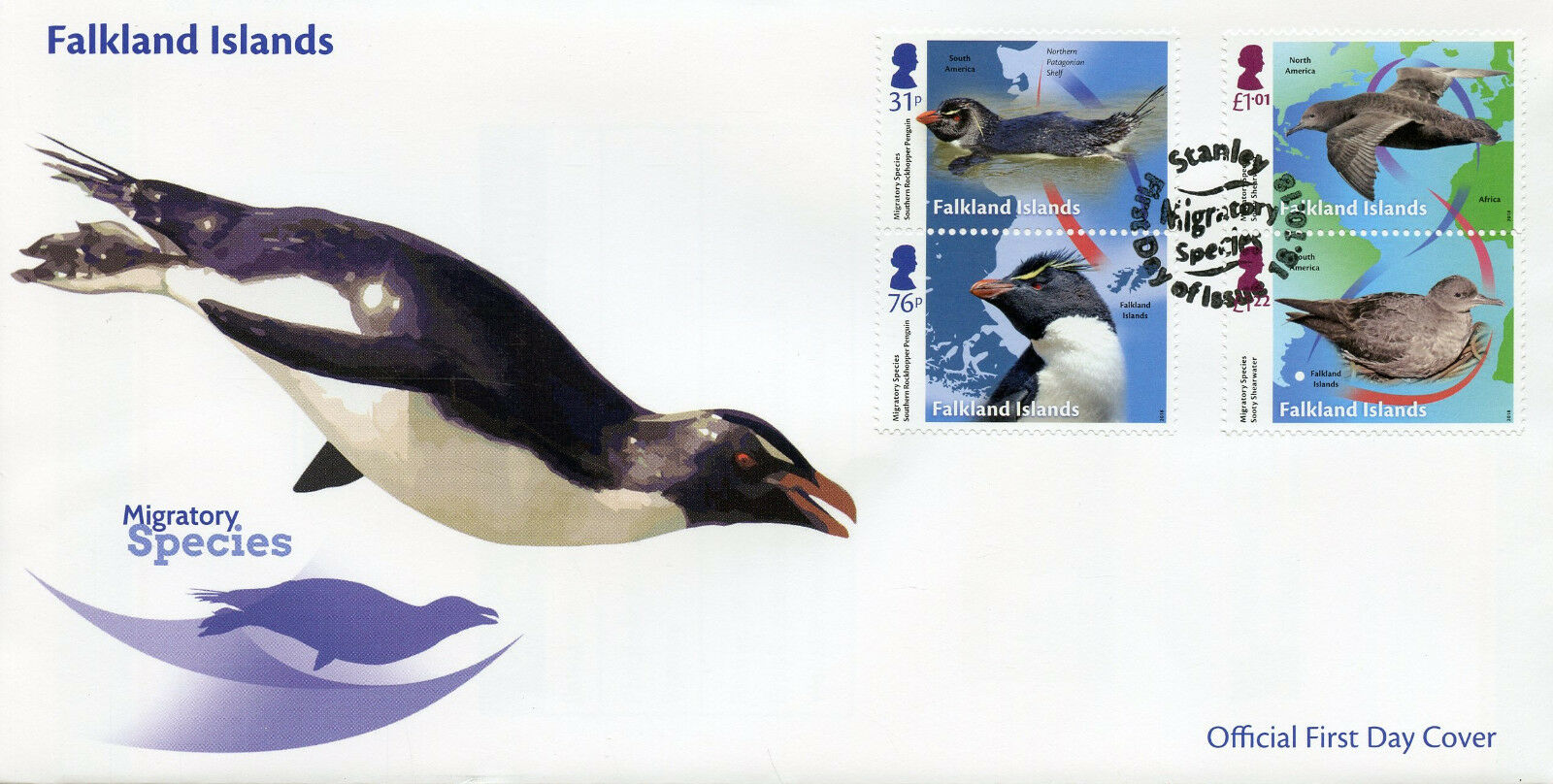 Falkland Islands 2018 FDC Migratory Species Penguins 4v Set Cover Birds Stamps