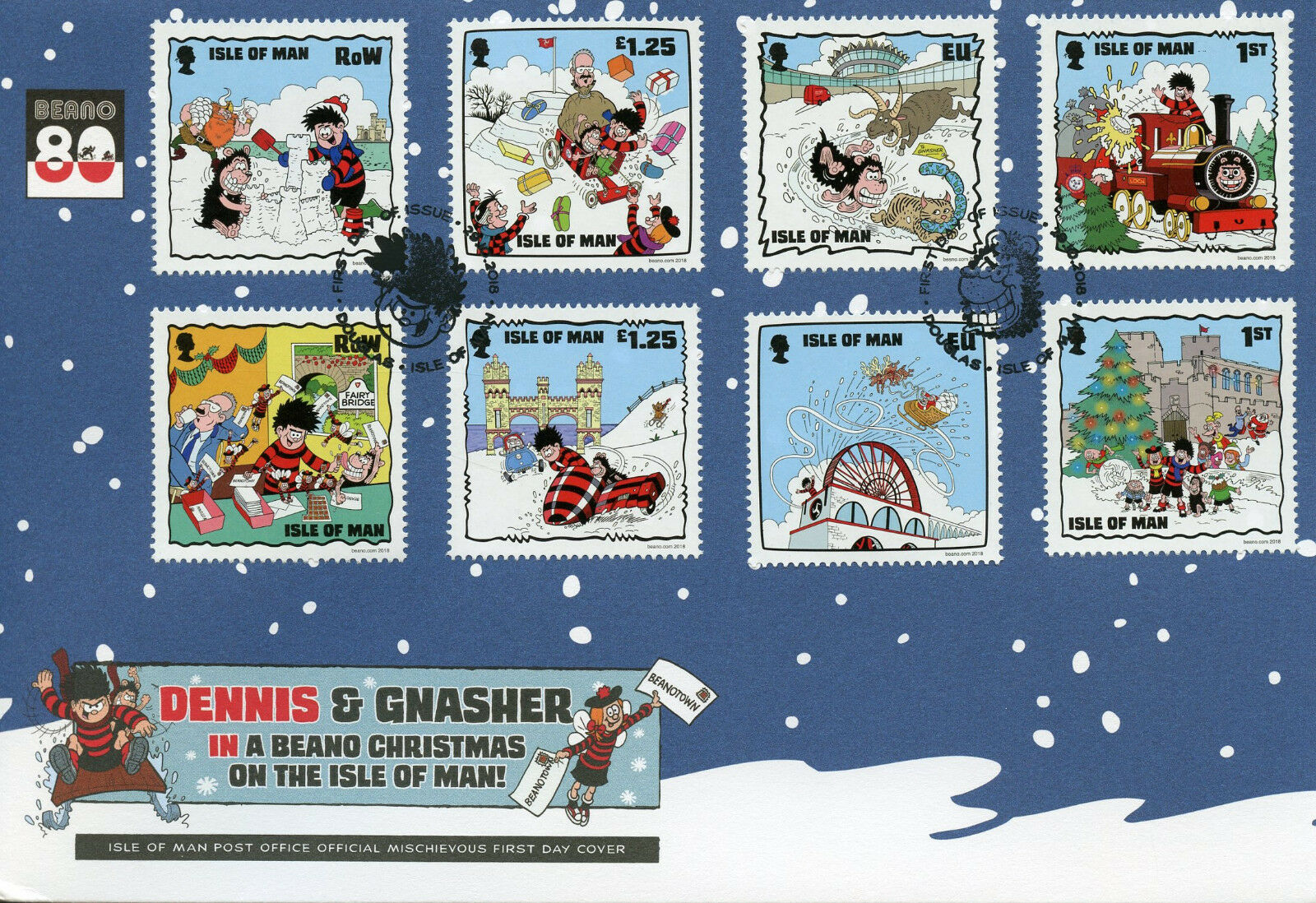 Isle of Man IOM 2018 FDC Beano Christmas Dennis Menace 8v Cover Comics Stamps