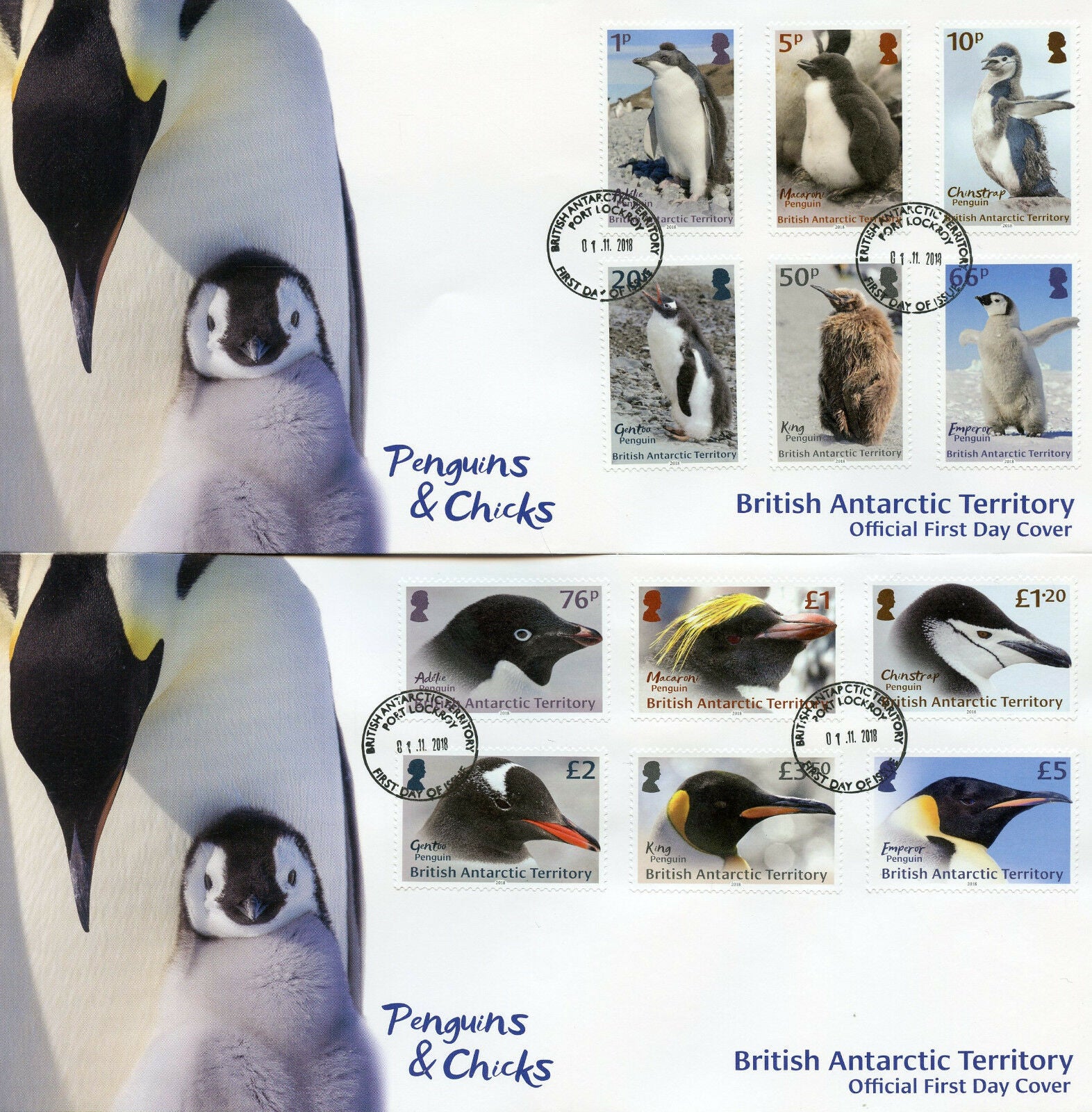 BAT Brit Antarctic Ter 2018 FDC Penguins Definitives 12v / 2 Covers Birds Stamps