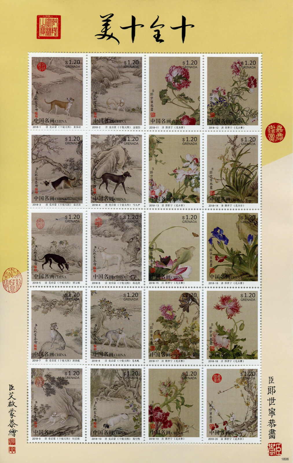 Grenada 2018 MNH Year of Dog Stamps Chinese Lunar New Year Art Paintings 20v M/S