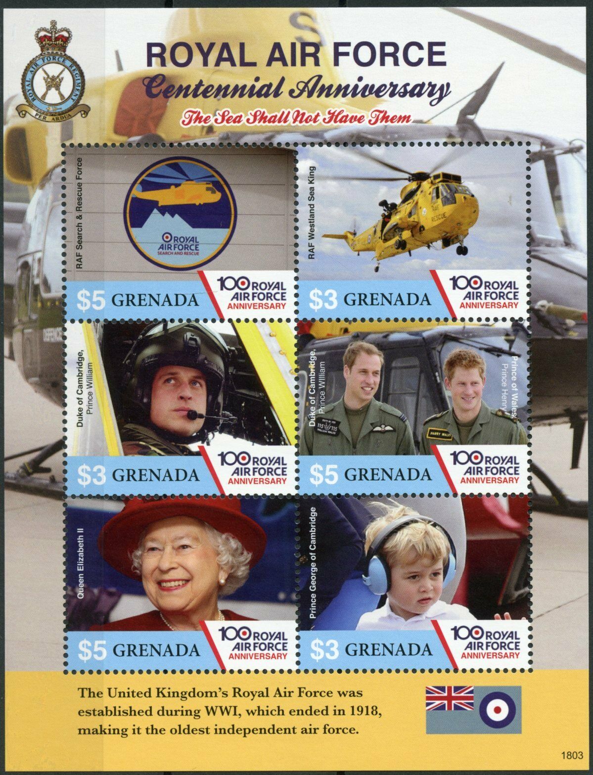 Grenada Aviation Stamps 2018 MNH Royal Air Force RAF 100 Years Royalty 6v M/S I