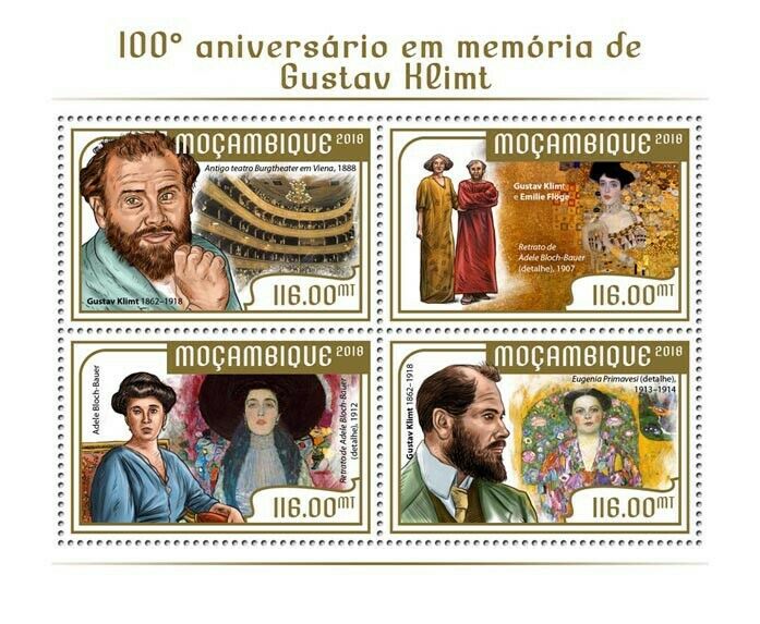 Mozambique Art Stamps 2018 MNH Gustav Klimt 100th Memorial Paintings 4v M/S
