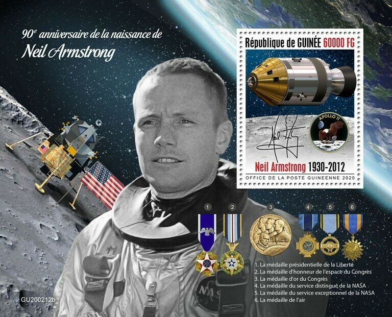 Guinea 2020 MNH Space Stamps Neil Armstrong Apollo 11 Moon Landing Medals 1v S/S