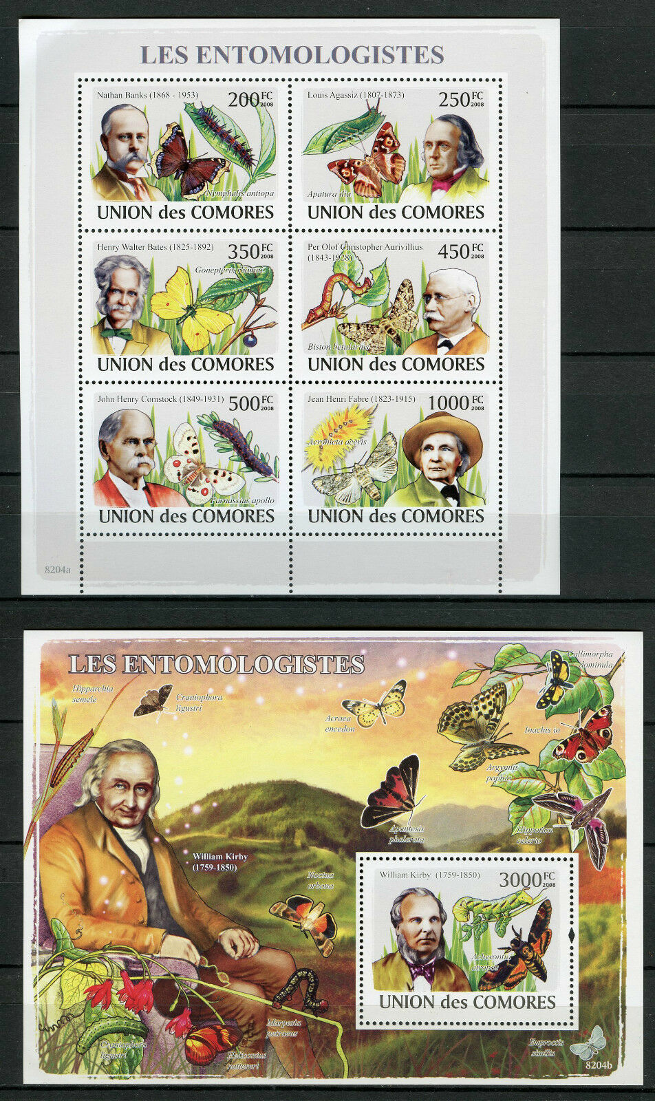 Comoros Comores 2008 MNH Entomologists 6v M/S 1v S/S Butterflies Insects Stamps