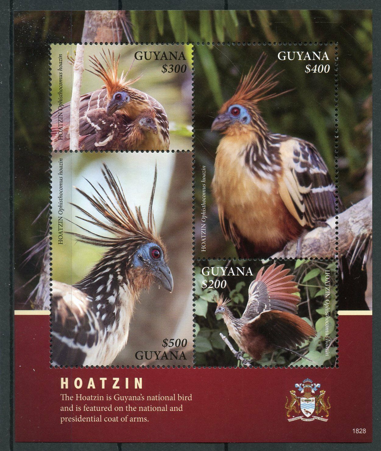 Guyana 2018 MNH Birds on Stamps Hoatzin National Bird of Guyana Coat of Arms 4v M/S