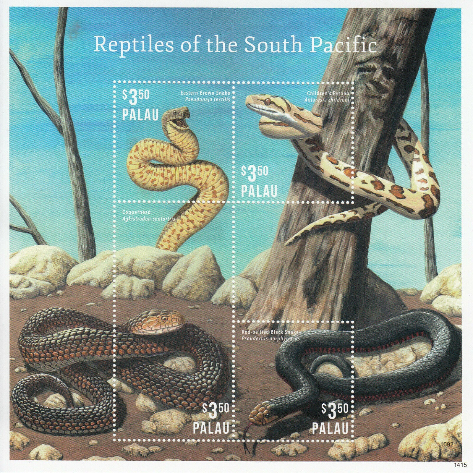 Palau 2014 MNH Reptiles of South Pacific 4v M/S II Snakes Python Copperhead