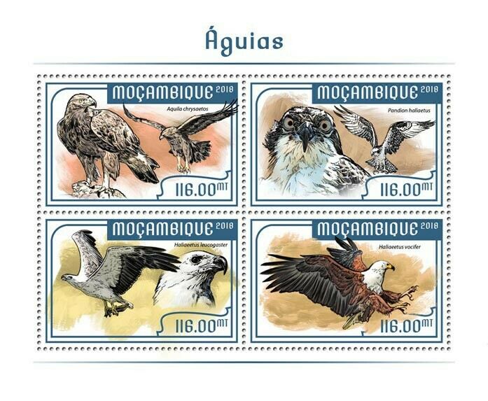 Mozambique Birds of Prey on Stamps 2018 MNH Eagles Raptors 4v M/S
