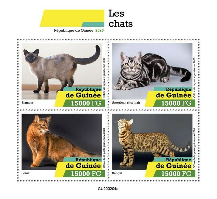 Guinea 2020 MNH Cats Stamps Siamese American Shorthair Bengal Somali Cat 1v S/S
