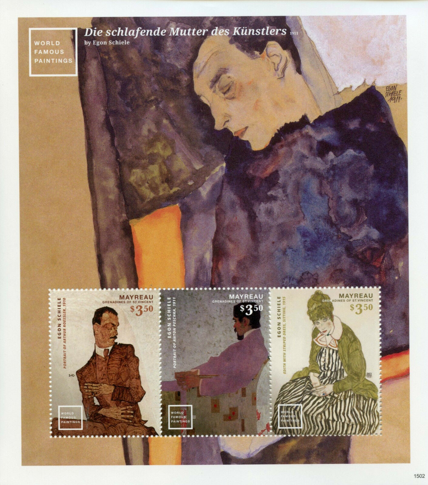Mayreau Gren St Vincent Art Stamps 2015 MNH World Famous Paintings Schiele 3v MS