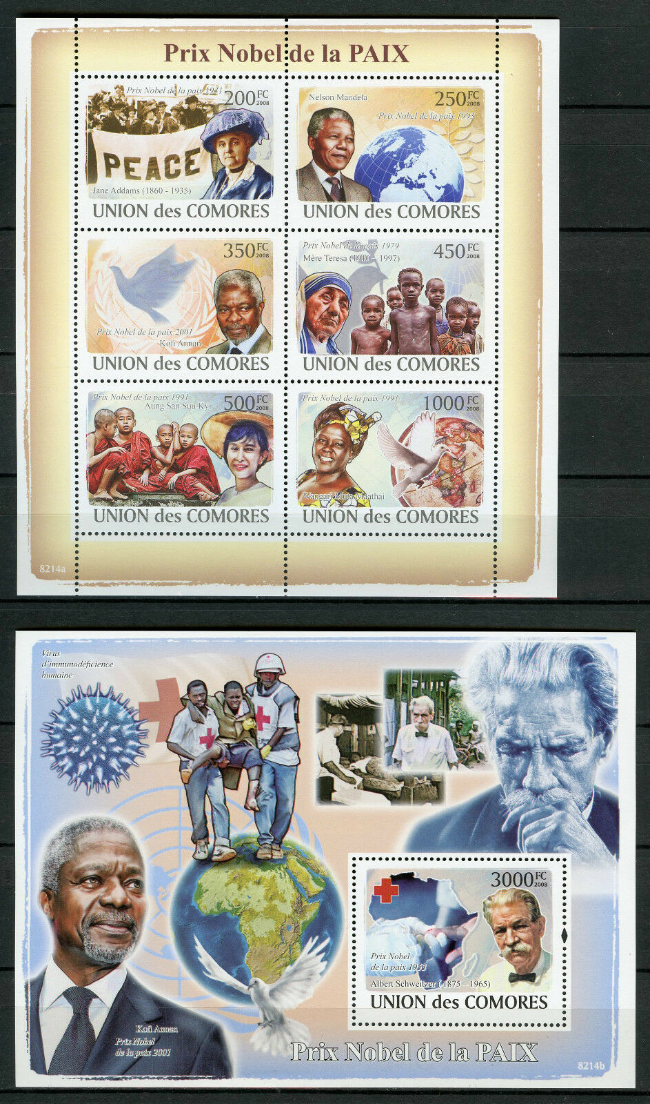 Comoros Comores 2008 MNH Nobel Peace Prize Mandela Annan 6v M/S 1v S/S Stamps