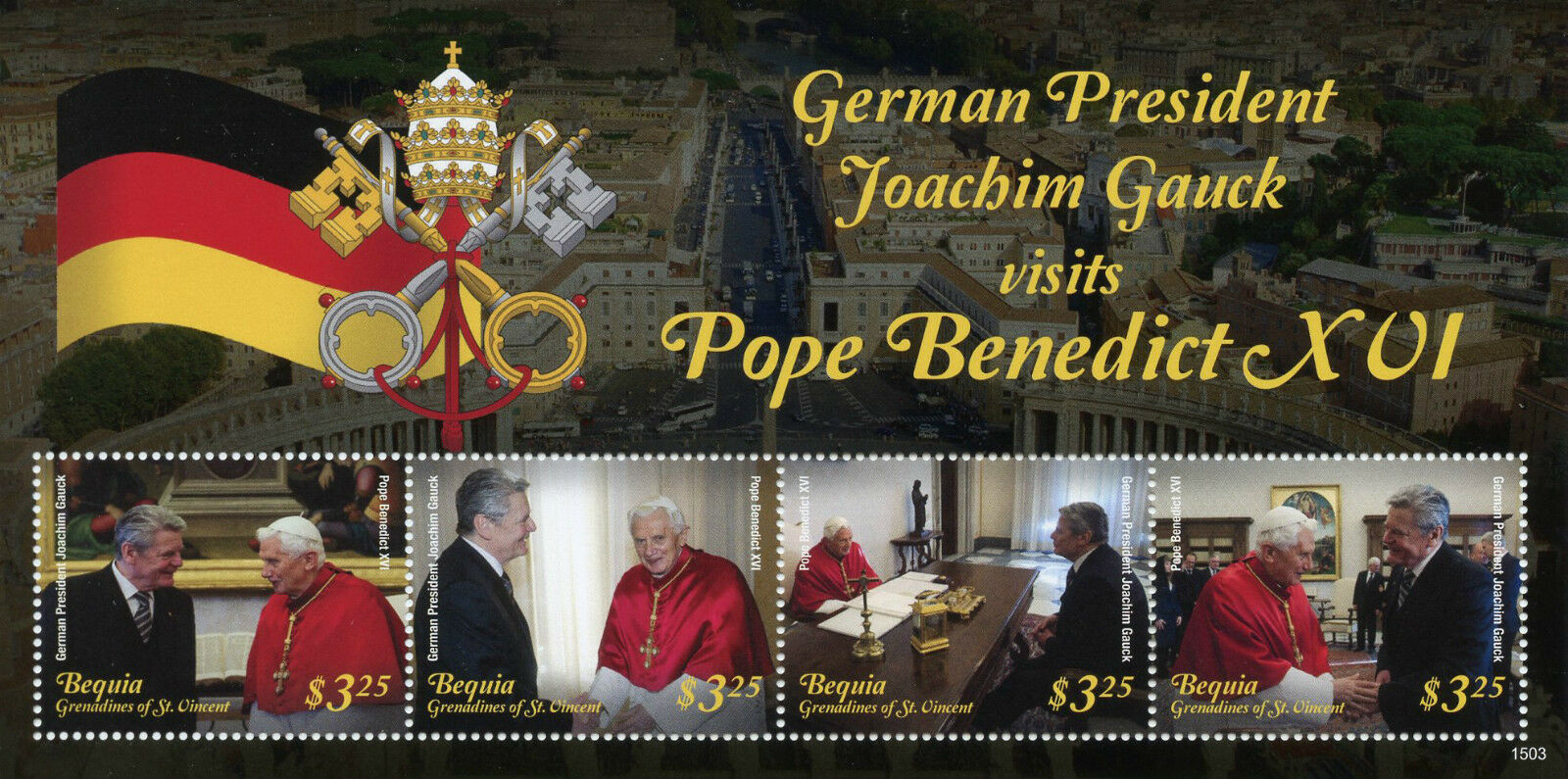 Bequia Grenadines St Vincent 2015 MNH Pope Benedict XVI Joachim Gauck 4v M/S