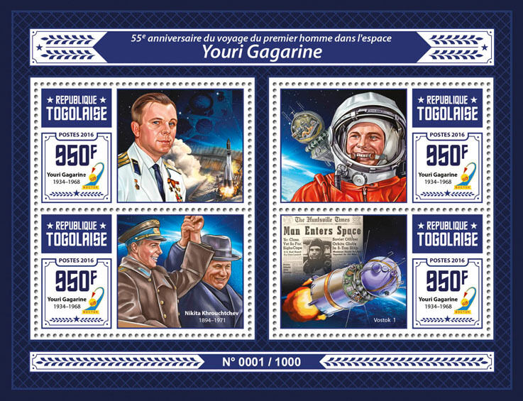 Togo 2016 MNH Yuri Gagarin First Man in Space 4v M/S Vostok 1 Krouchtchev Stamps