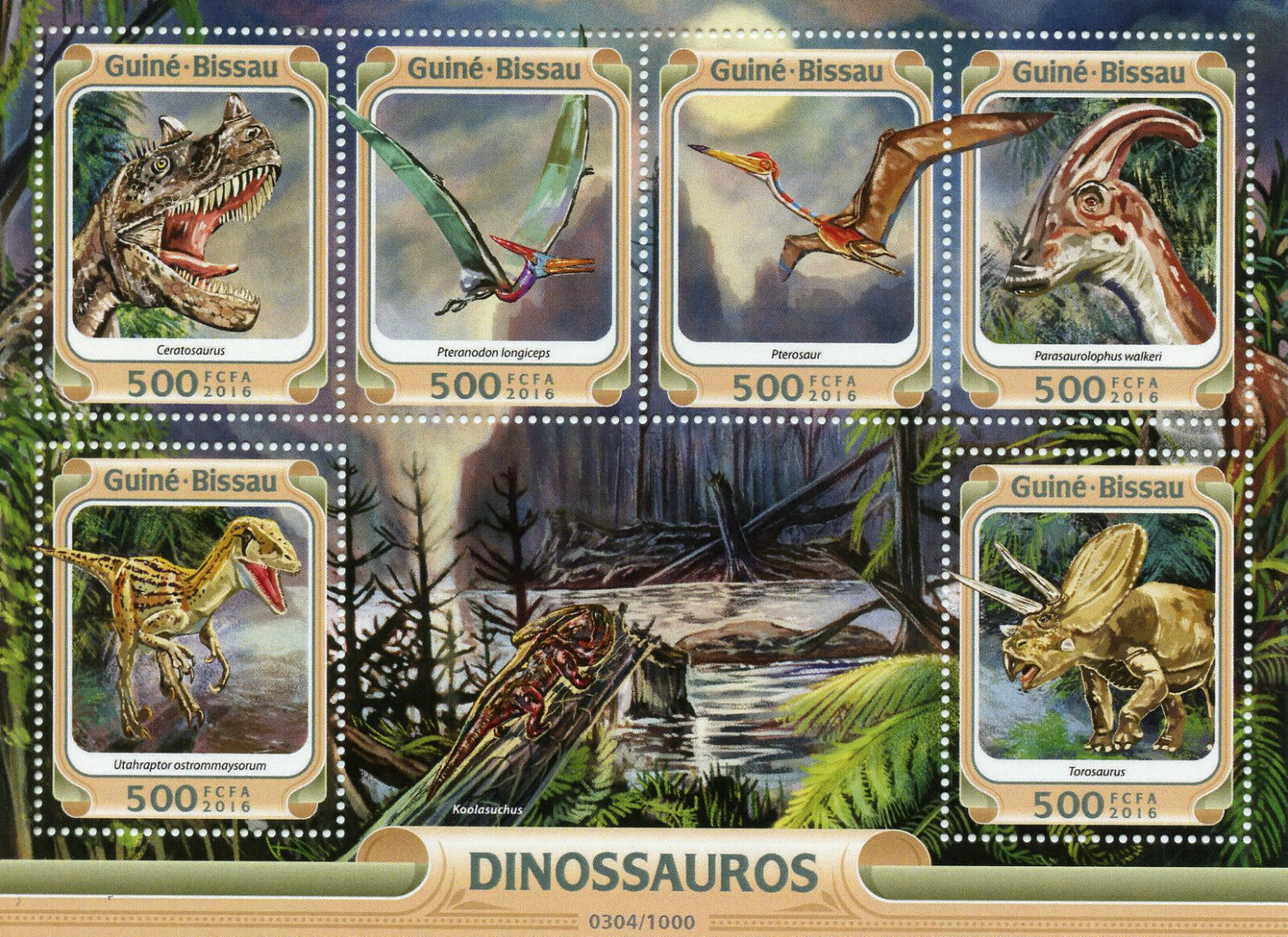 Guinea-Bissau 2016 MNH Dinosaurs 6v M/S Pteranodon Pterosaur Torosaurus Stamps