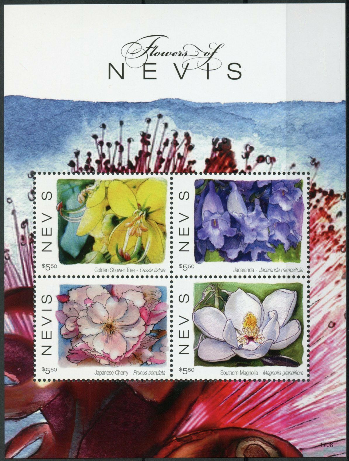 Nevis Flowers Stamps 2017 MNH Flowering Trees Jacaranda Magnolia 4v M/S II