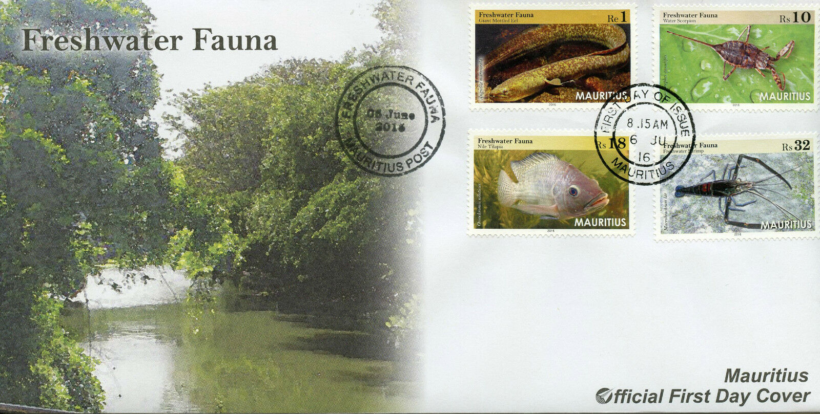 Mauritius 2016 FDC Freshwater Fauna 4v Set Cover Nile Tilapia Eels Fish Stamps