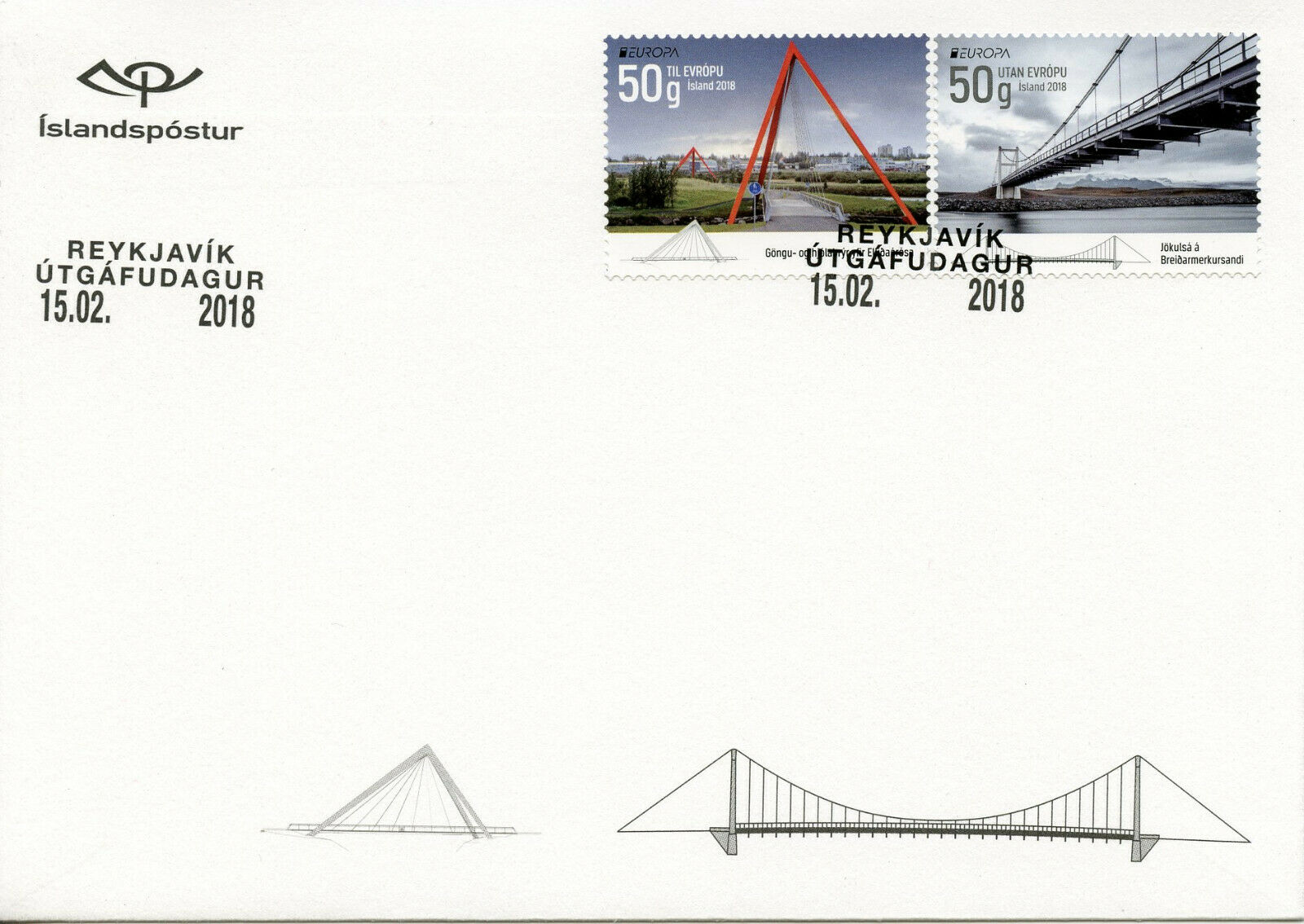 Iceland 2018 FDC Bridges Europa 2v S/A Set Cover Architecture Tourism Stamps