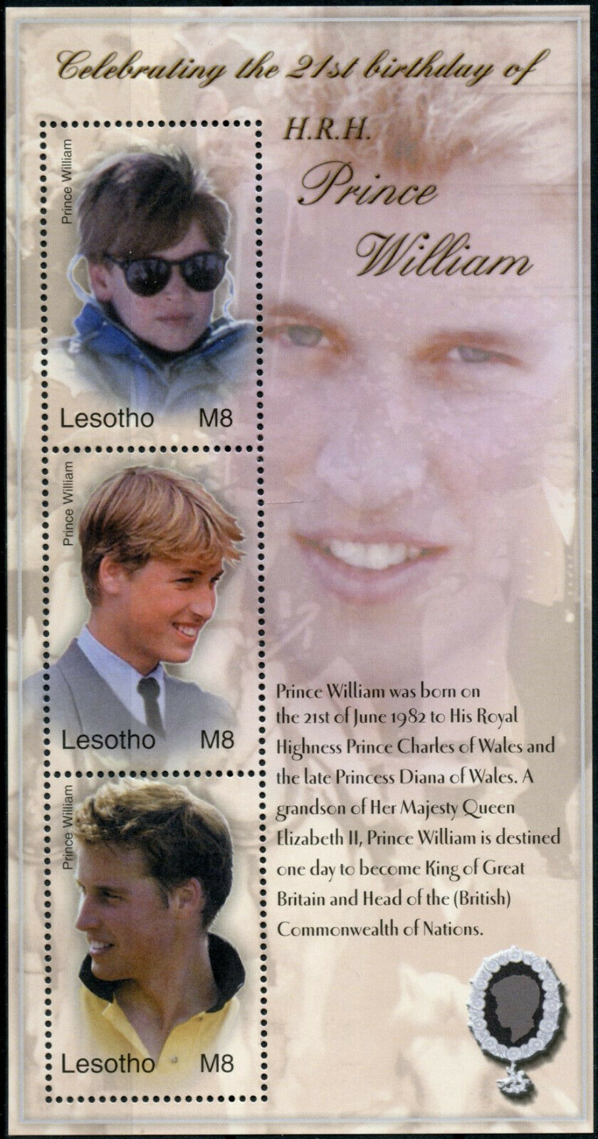 Lesotho Royalty Stamps 2004 MNH Prince William 21st Birthday 3v M/S