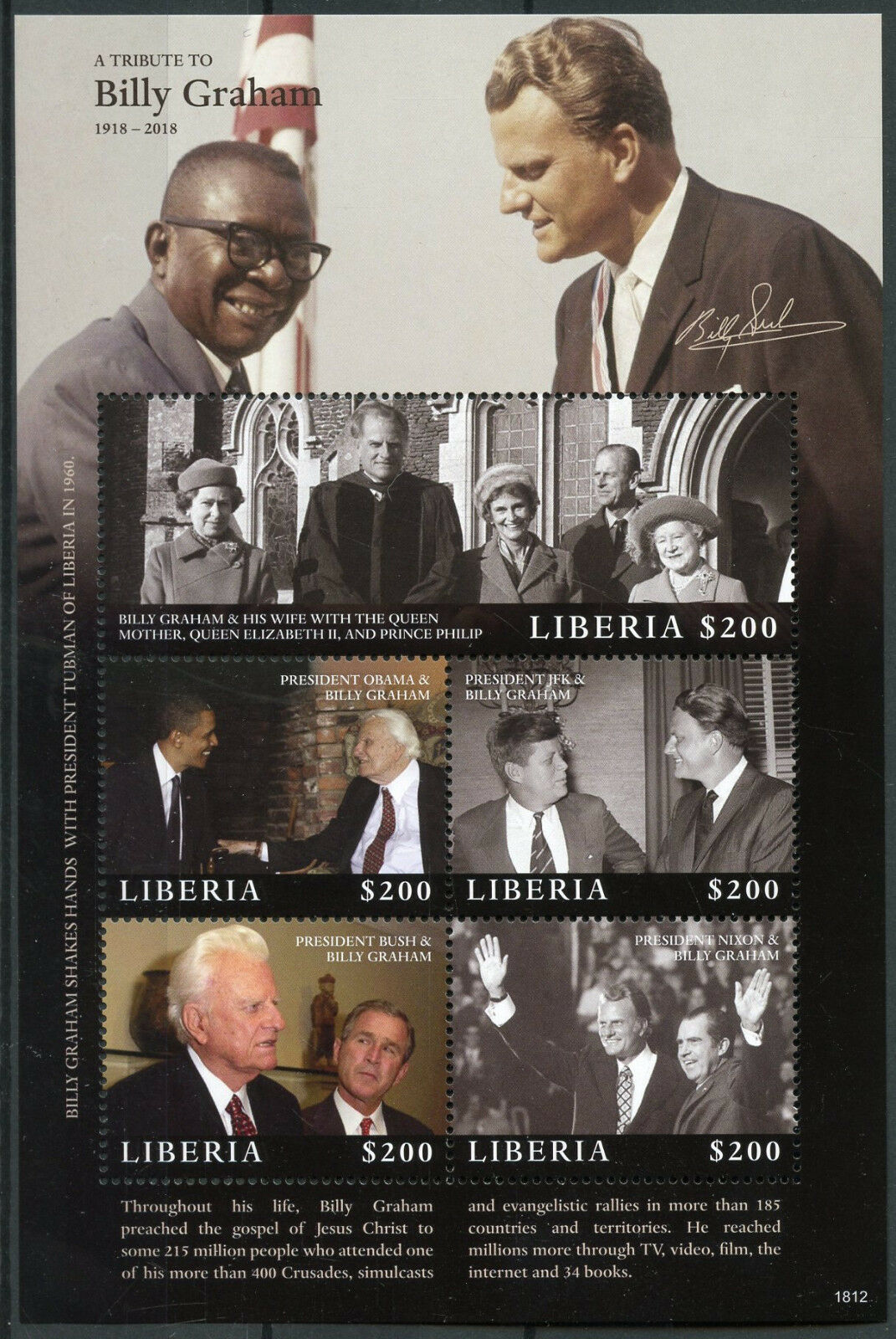 Liberia Stamps 2018 MNH Billy Graham Queen Elizabeth II JFK Nixon Obama 5v M/S