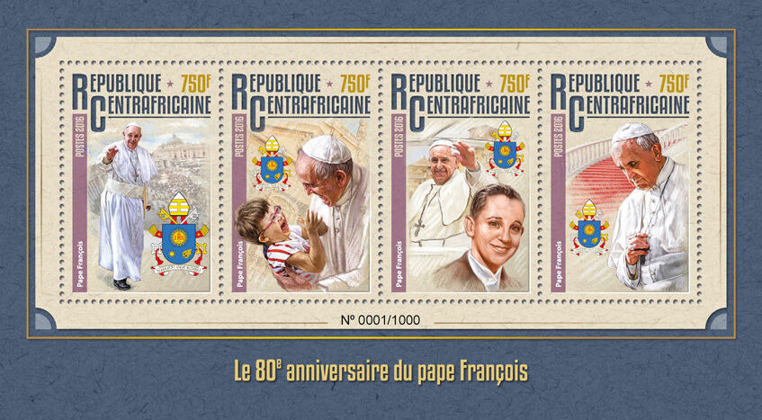 Central African Republic 2016 MNH Pope Francis 80th Birthday Anniv 4v M/S Stamps