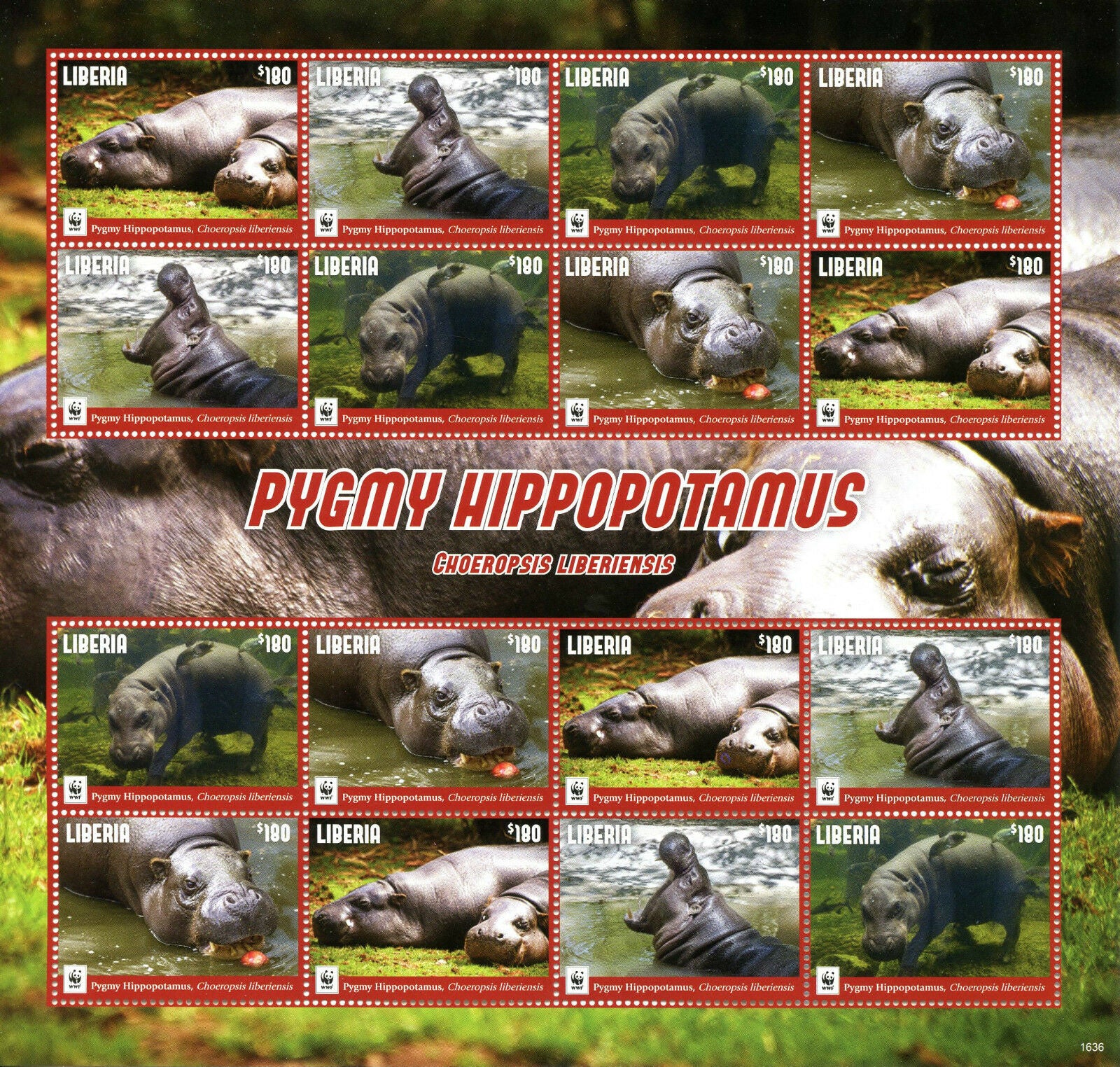 Liberia 2016 MNH Pygmy Hippopotamus WWF 16v M/S Wild Animals Stamps
