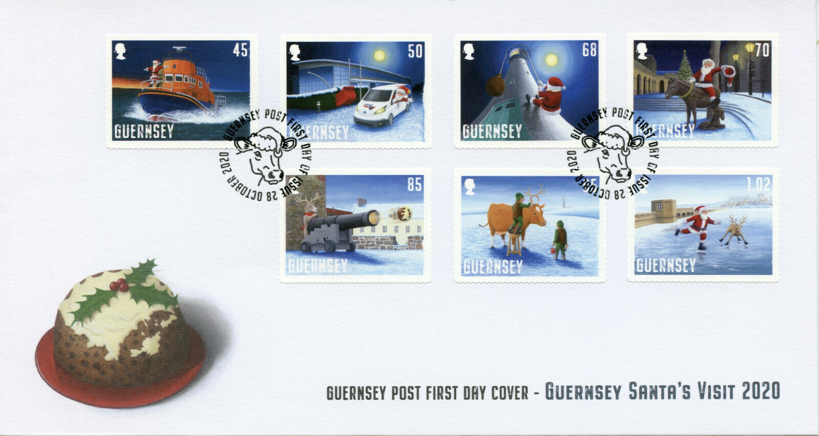 Guernsey Christmas Stamps 2020 FDC Santa's Visit Santa Claus Reindeer 7v S/A Set
