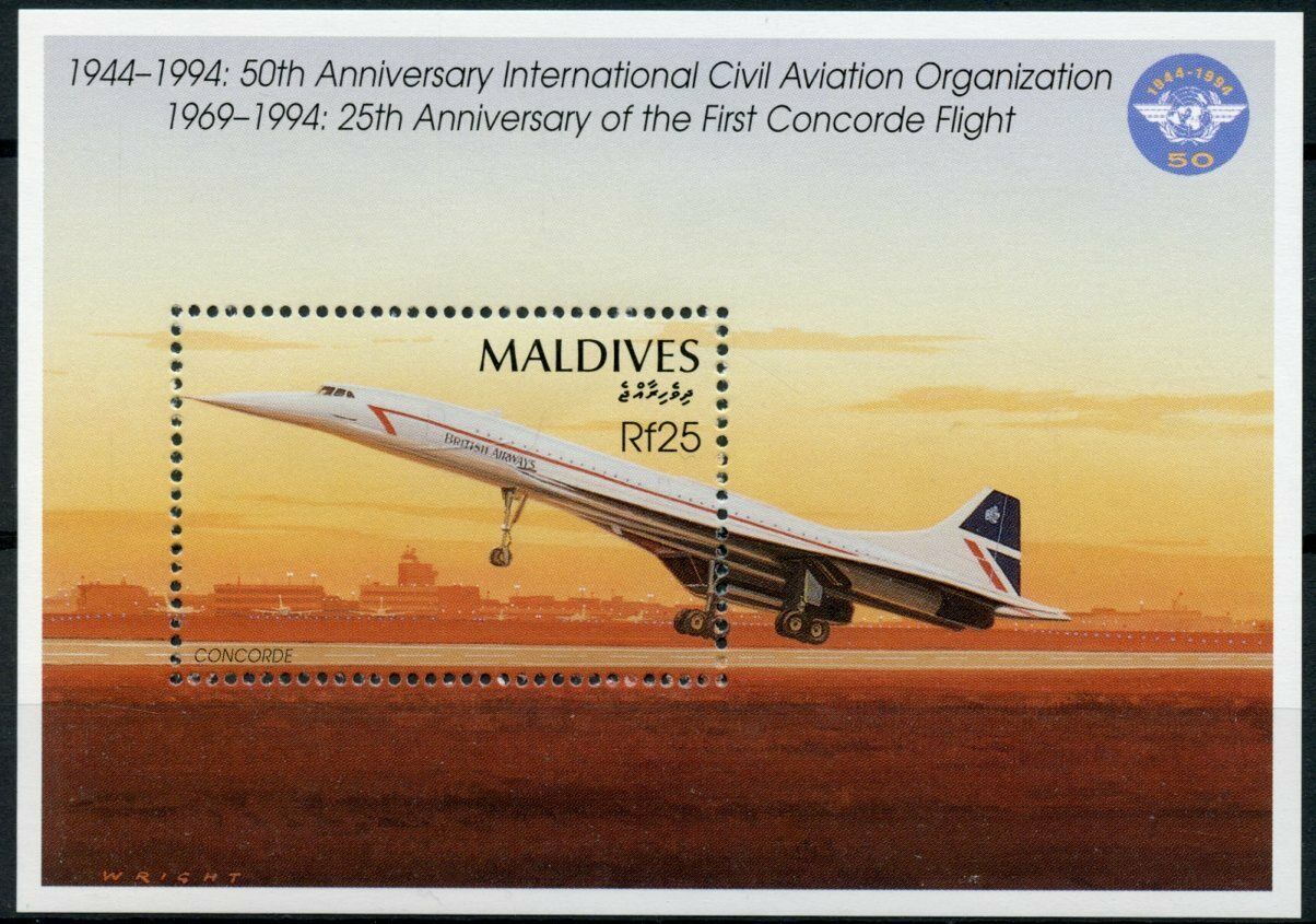 Maldives Aviation Stamps 1994 MNH Concorde First Flight ICAO Aircraft 1v S/S