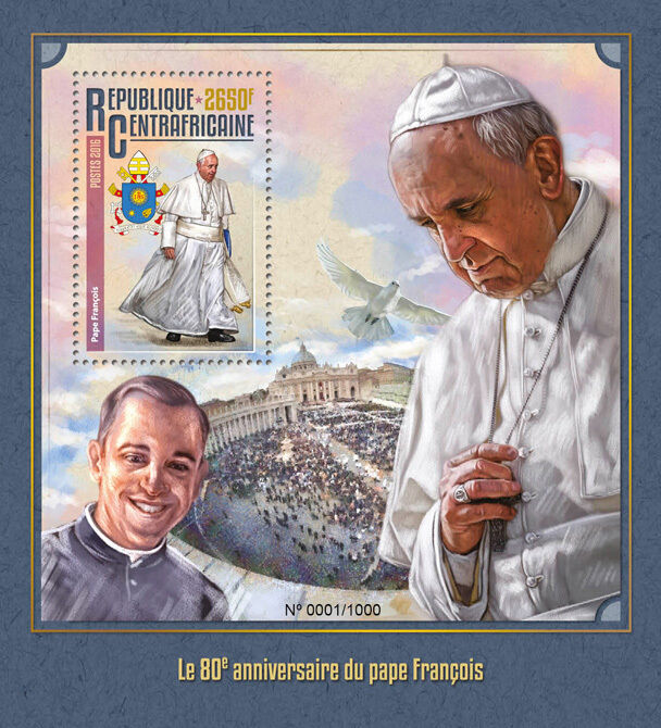 Central African Republic 2016 MNH Pope Francis 80th Birthday Anniv 1v S/S Stamps