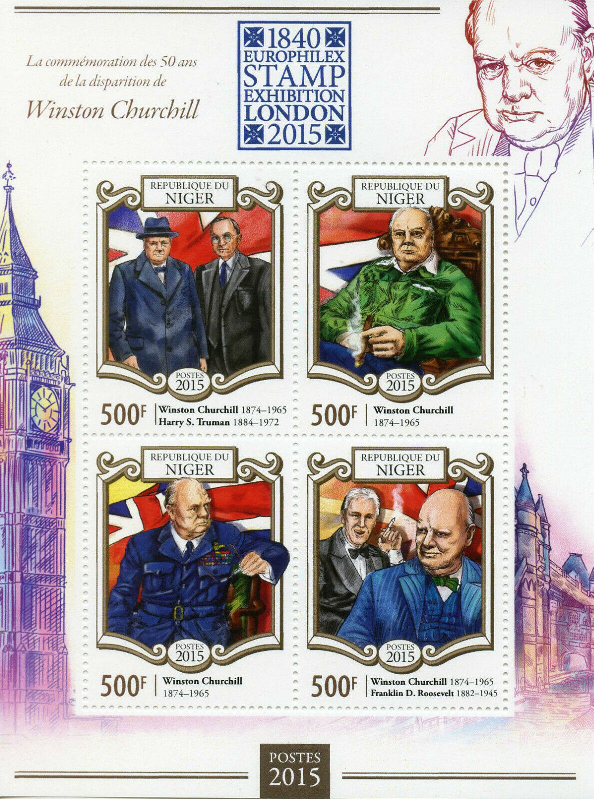Niger Winston Churchill Stamps 2015 MNH Europhilex Truman Roosevelt 4v M/S