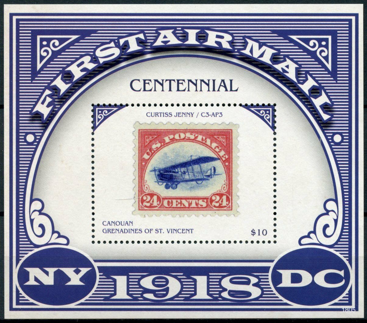 Canouan Gren St Vincent 2018 MNH Stamps-on-Stamps Stamps First Airmail Curtiss Jenny 1v S/S