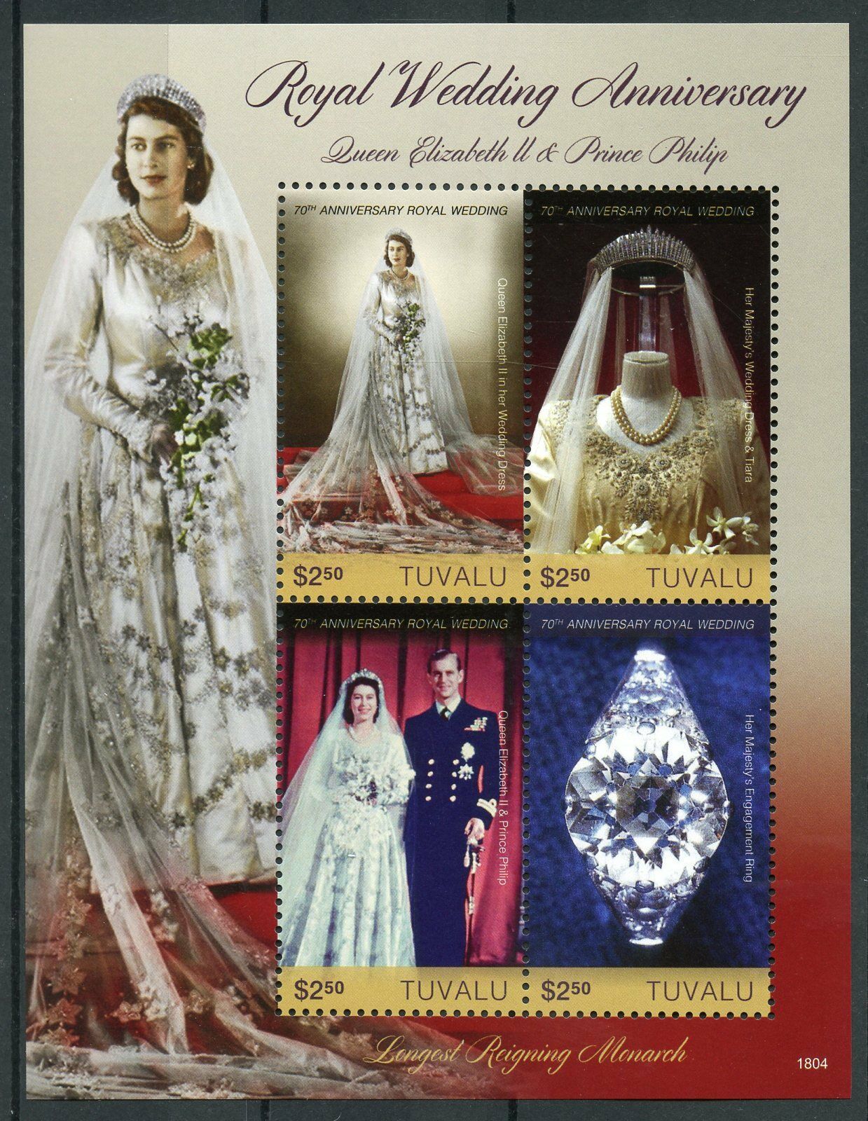 Tuvalu Royalty Stamps 2018 MNH Queen Elizabeth II & Philip Royal Wedding 4v M/S