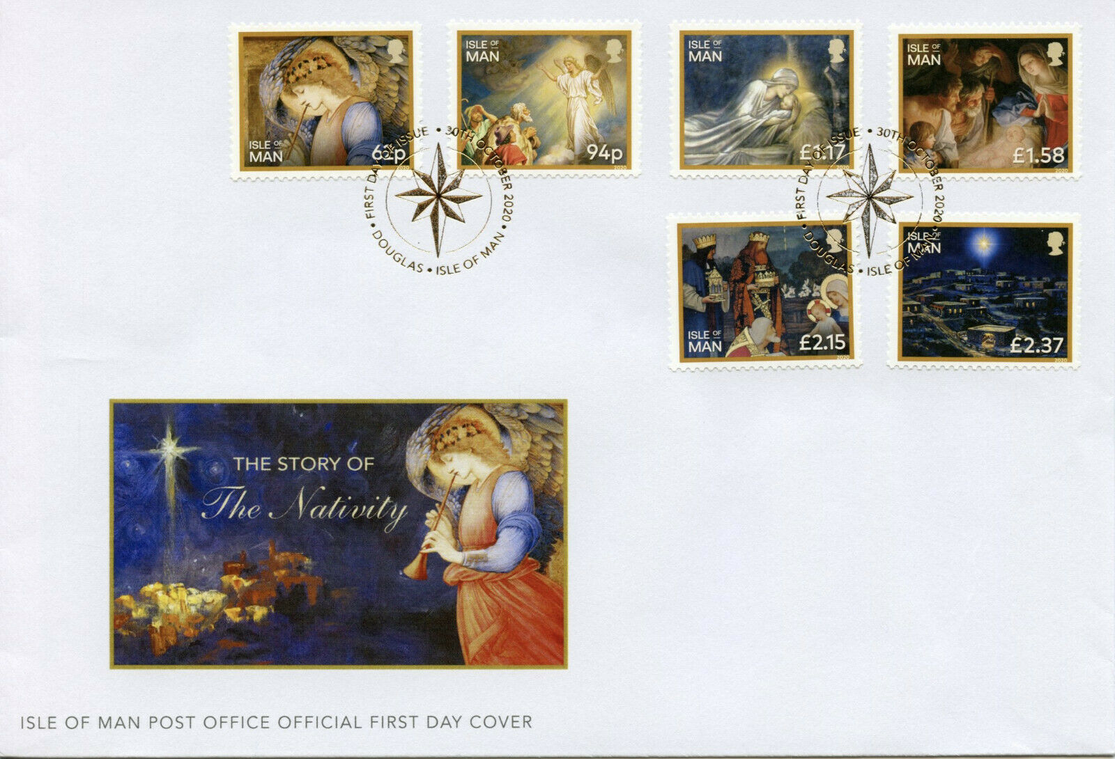 Isle of Man IOM Christmas Stamps 2020 FDC Story of Nativity Angels Jesus 6v Set