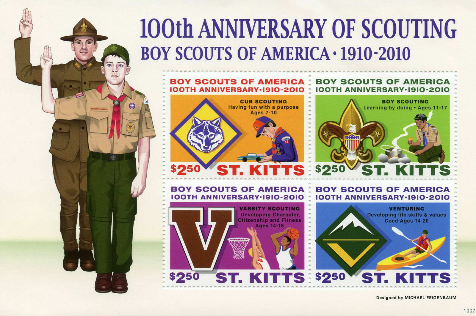 St Kitts Scouting Stamps 2010 MNH 100th Anniv Boy Scouts America Cubs 4v M/S I