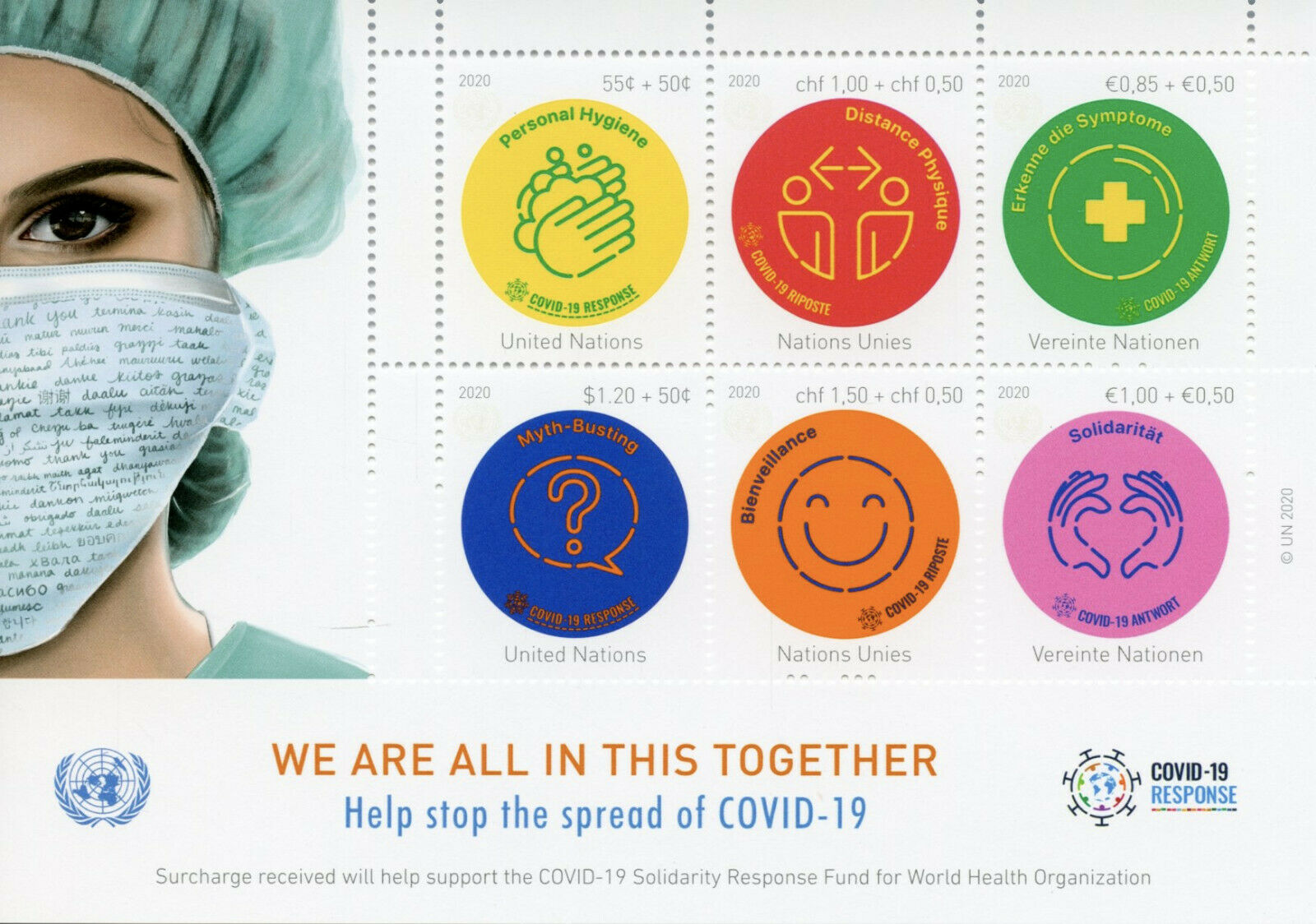 United Nations UN 2020 MNH Medical Stamps Corona Response Together Covid Covid-19 6v M/S