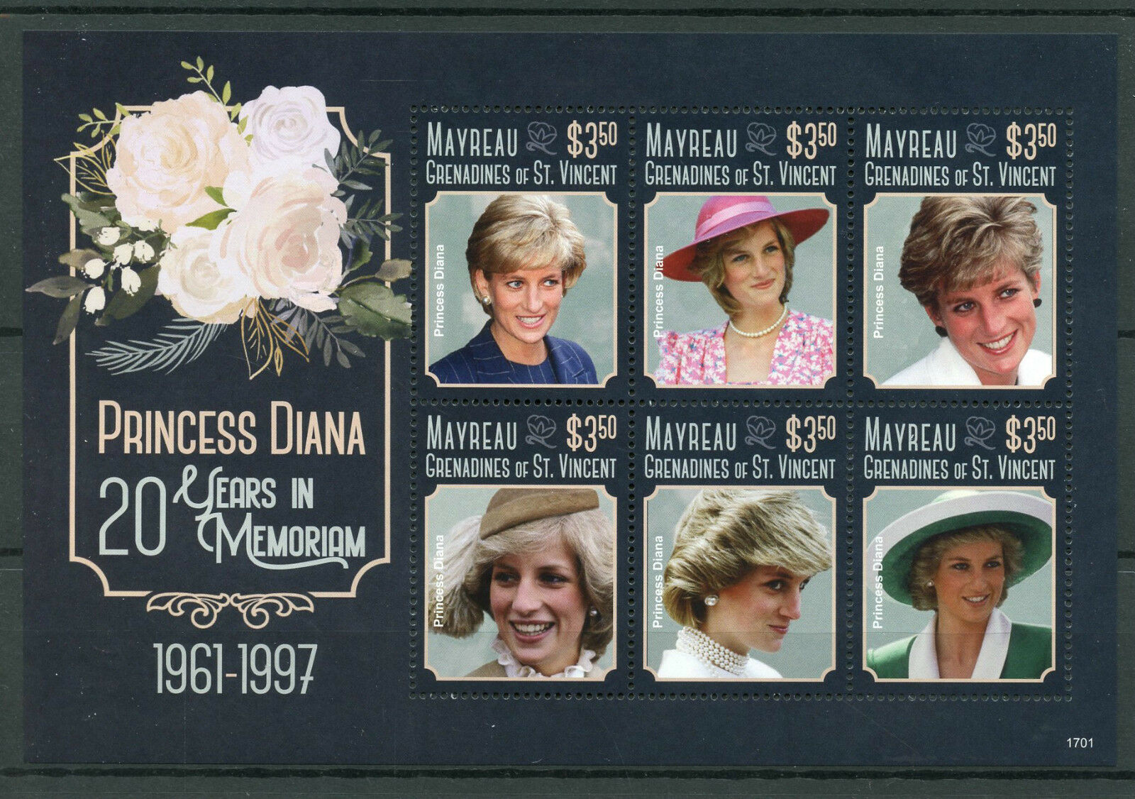 Mayreau Gren St Vincent 2017 MNH Princess Diana 20th Mem 6v M/S Royalty Stamps