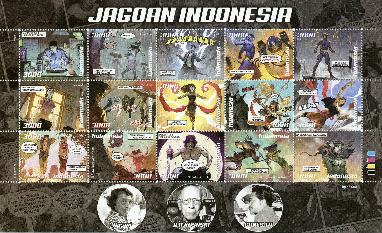Indonesia 2019 MNH Jagoan Comics 15v M/S Superheroes Stamps