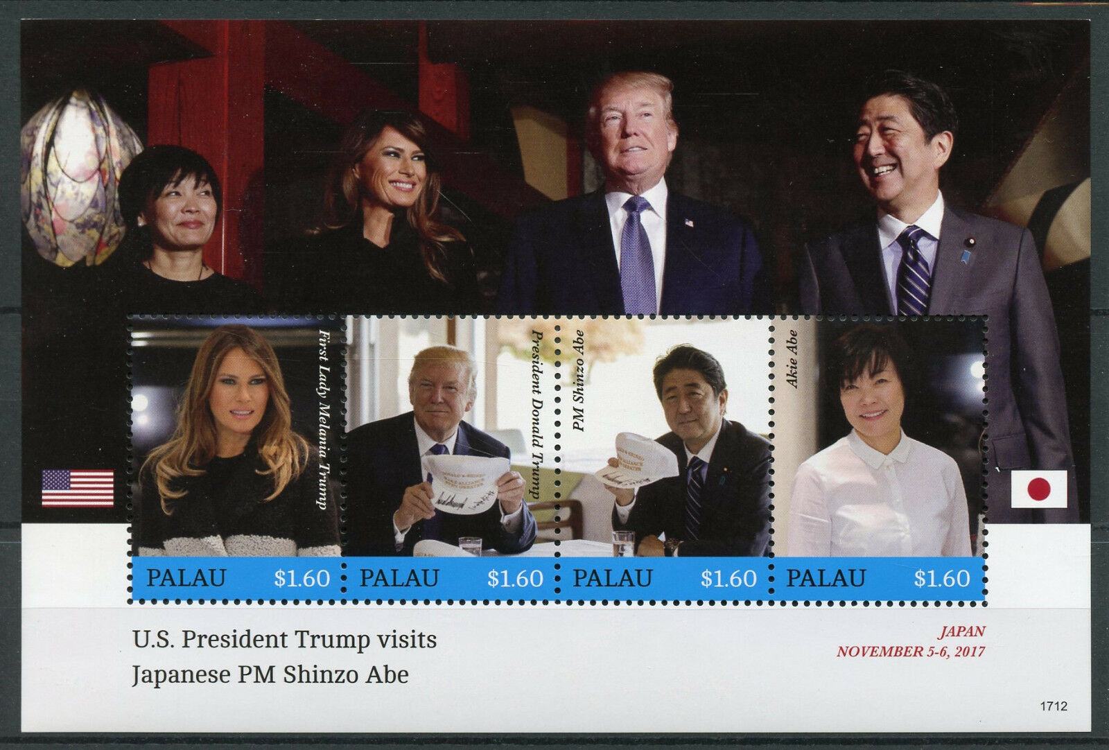 Palau Donald Trump Stamps 2017 MNH Visits Japan Shinzo Abe US Presidents 4v M/S