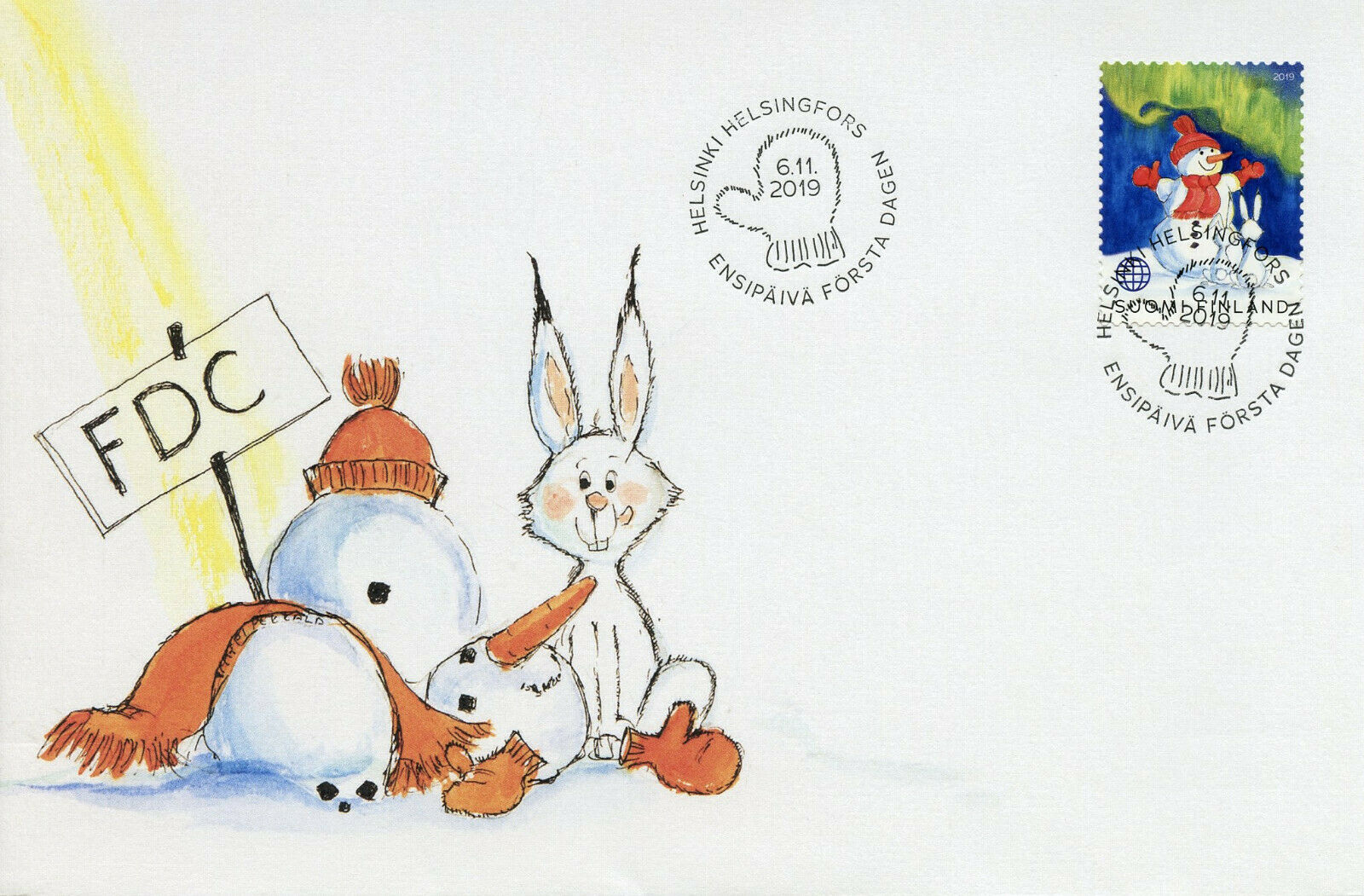 Finland Winter Wonders Stamps 2019 FDC Snowman Rabbits Seasons 1v S/A Set