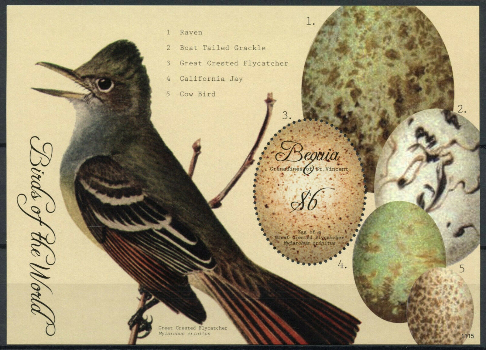 Bequia Gren St Vincent Stamps 2011 MNH Birds of World Eggs Flycatcher 1v S/S I