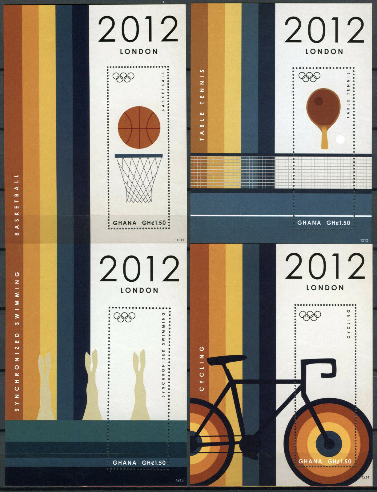 Ghana Olympics Stamps 2012 MNH London 2012 Basketball Swimming Cycling 4x 1v S/S