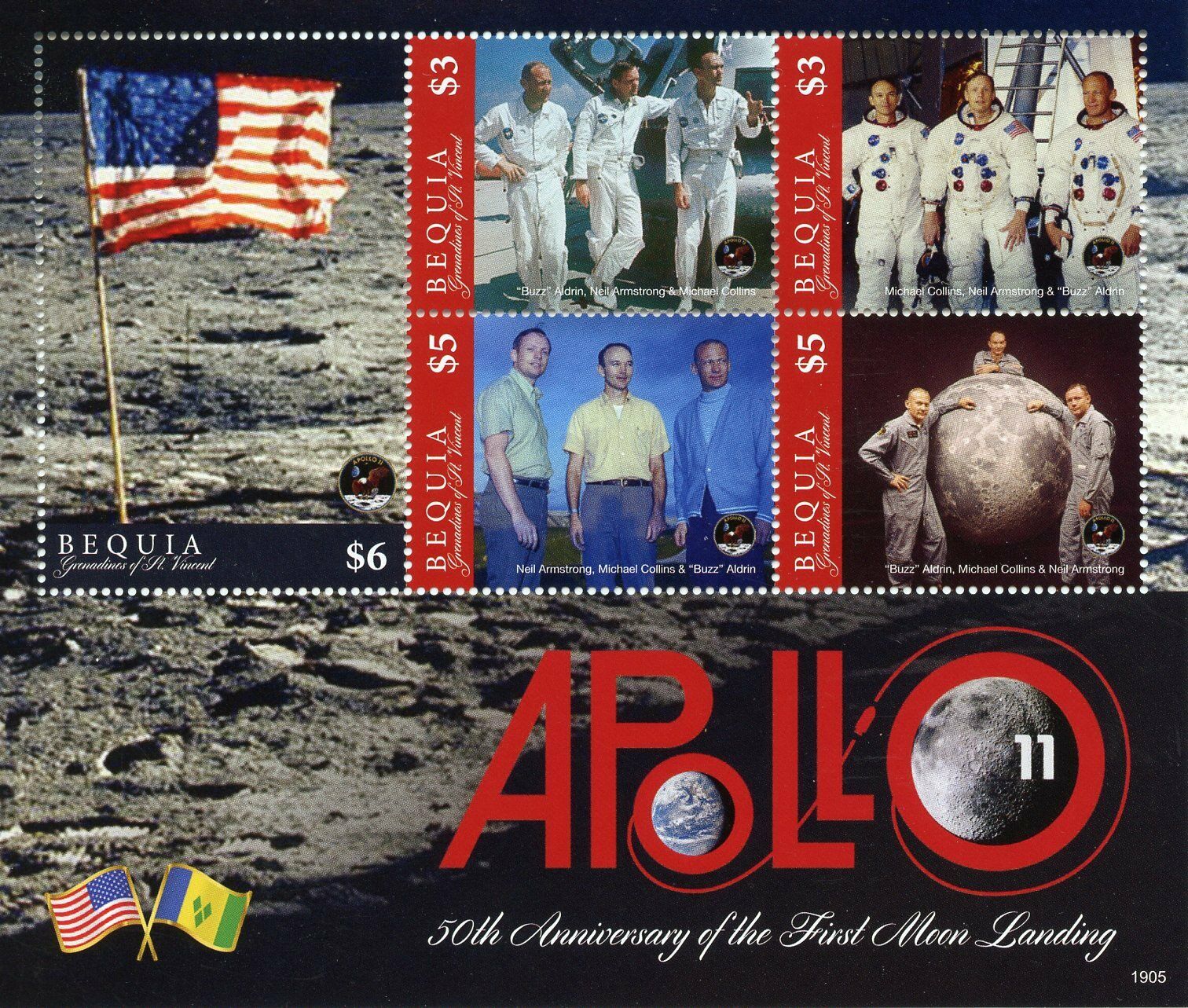 Bequia Grenadines St Vincent Space Stamps 2019 MNH Apollo 11 Moon Landing 5v M/S