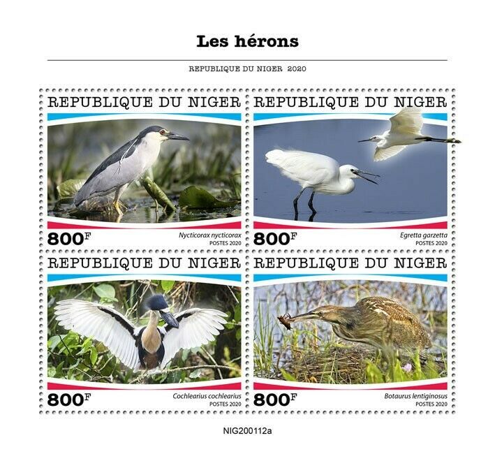 Niger Birds on Stamps 2020 MNH Herons Night Heron Egrets Bitterns 4v M/S