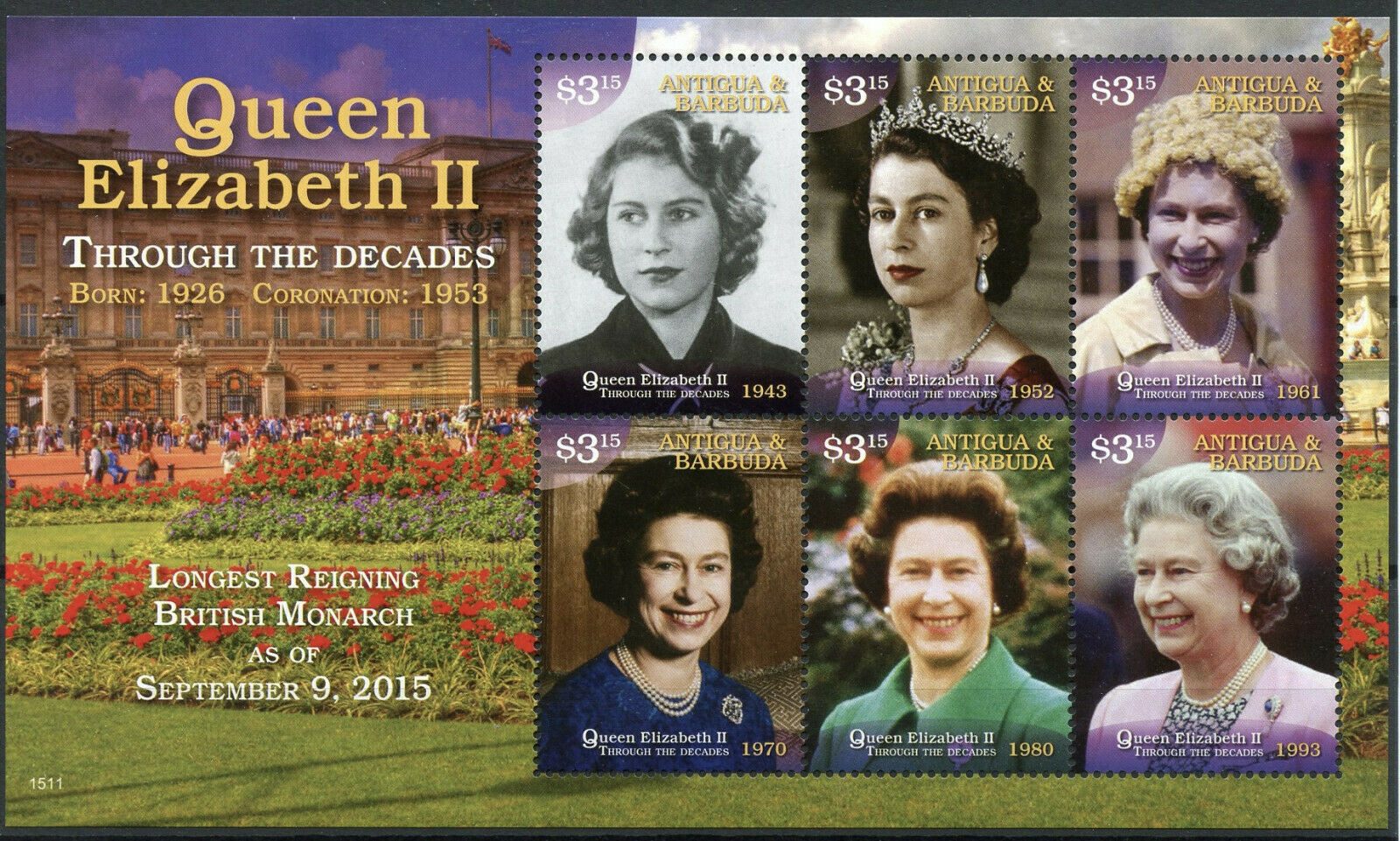 Antigua & Barbuda 2015 MNH Royalty Stamps Queen Elizabeth II Longest Reign 6v MS