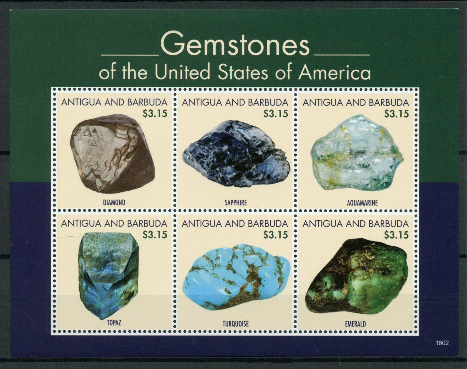 Antigua & Barbuda 2016 MNH Minerals Stamps Gemstones of USA Sapphire 6v M/S