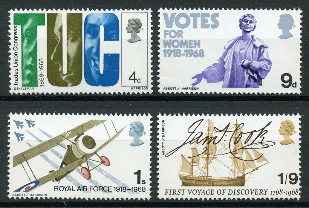 GB 1968 MNH Stamps Anniversaries TUC RAF James Cook Pankhurst 4v Set