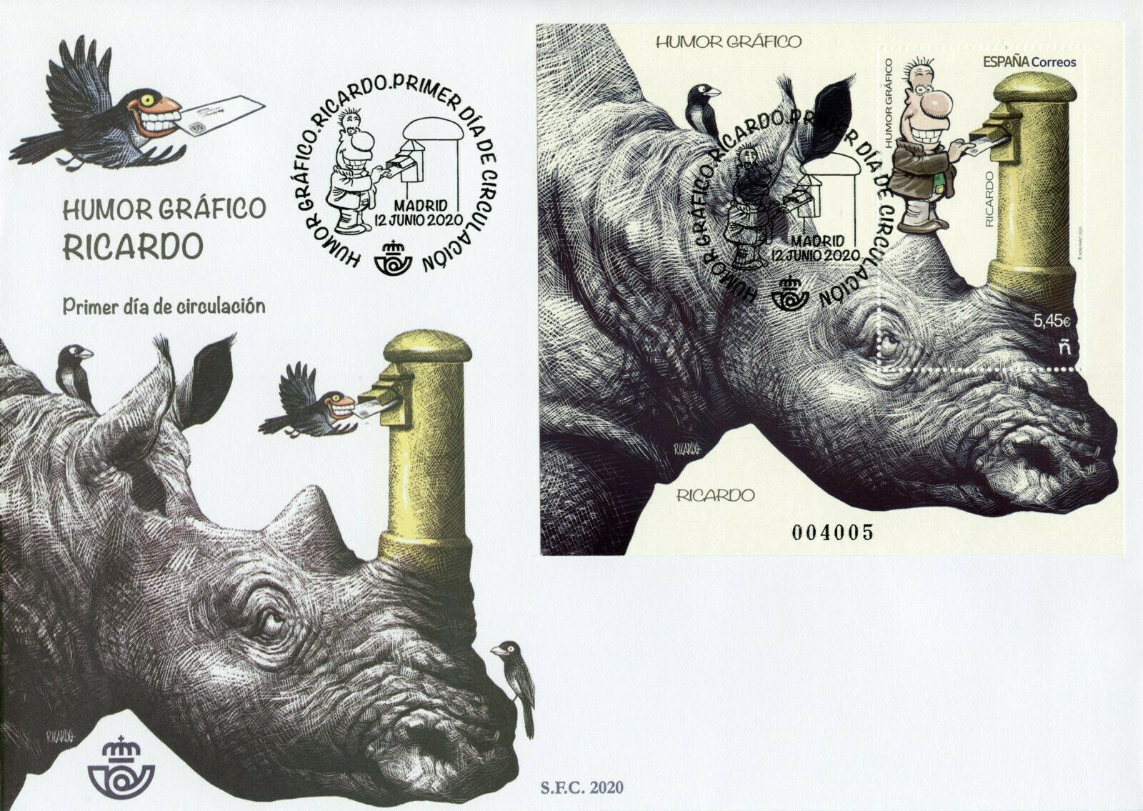 Spain Cartoons Stamps 2020 FDC Graphic Humour Ricardo Rhinos Wild Animals 1v M/S