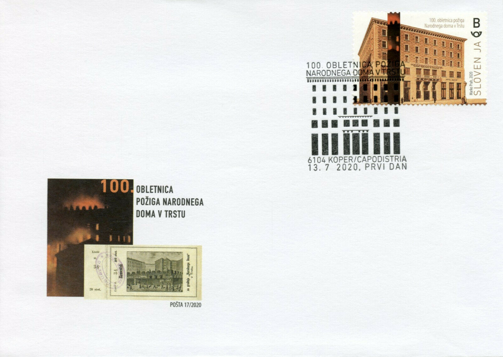 Slovenia Architecture Stamps 2020 FDC Burning of Narodni Dom in Trieste 1v Set