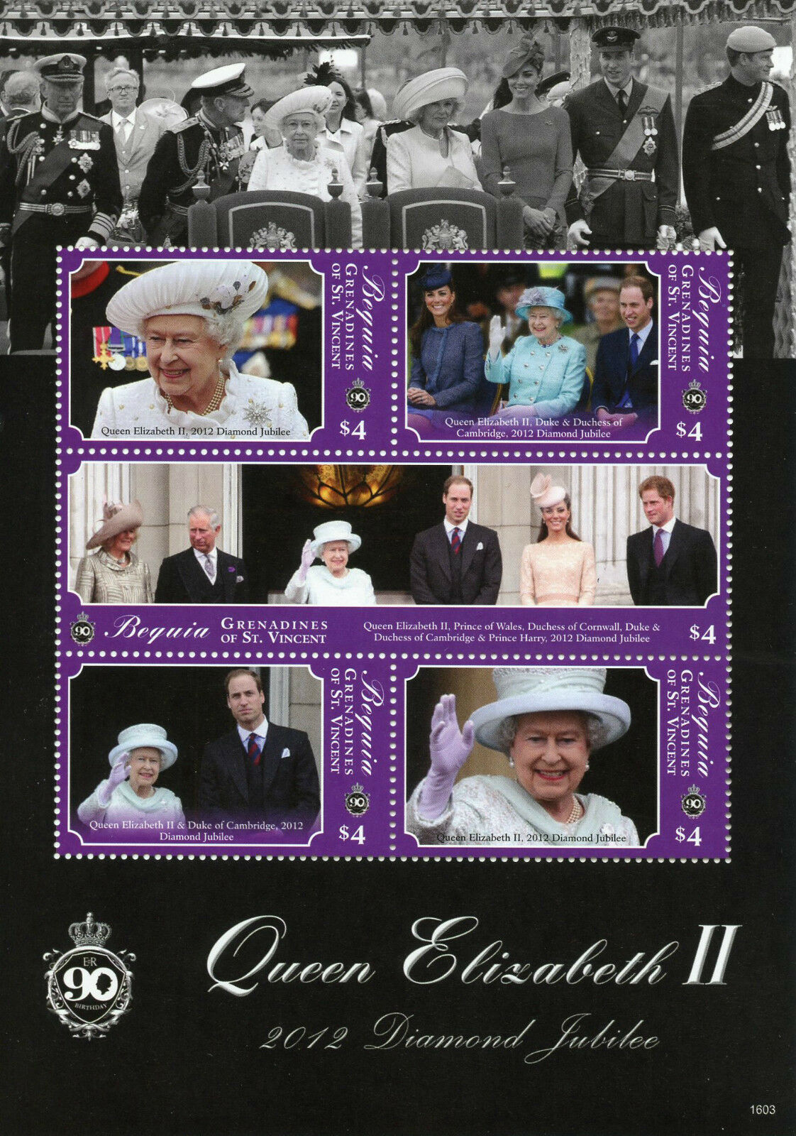 Bequia Gren St Vincent 2016 MNH Royalty Stamps Queen Elizabeth II 90th 5v M/S