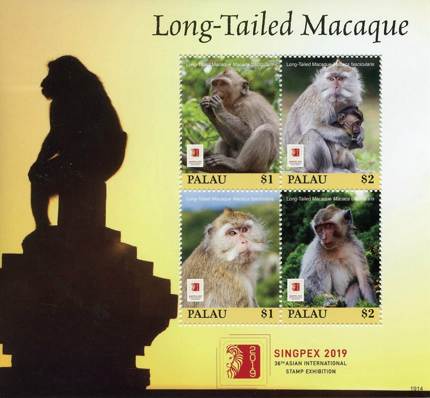 Palau Stamps 2019 MNH Long-Tailed Macaque Singpex Monkeys Wild Animals 4v M/S