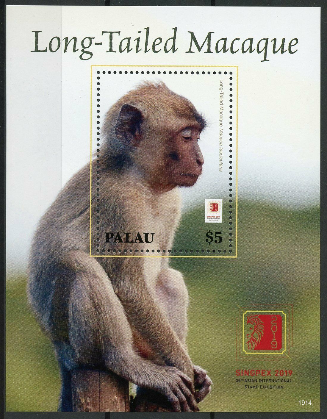 Palau Stamps 2019 MNH Long-Tailed Macaque Singpex Monkeys Wild Animals 1v S/S